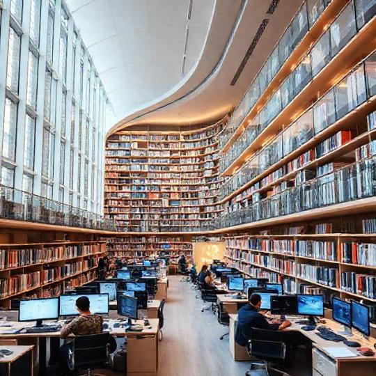 Mediatheque: modern library with books, computers, and people studying; photo