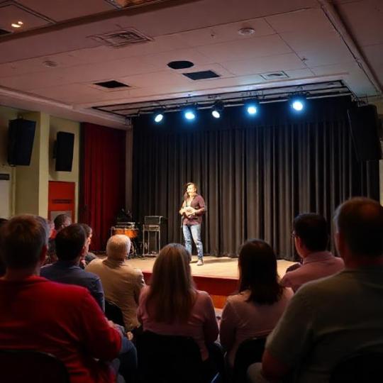 Community theater performance on a small stage with lights; audience watching; photo