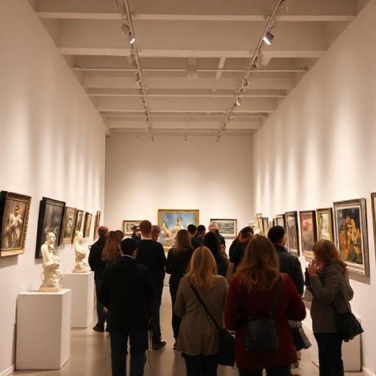 Art exhibition in a cultural center gallery; people viewing paintings and sculptures; photo
