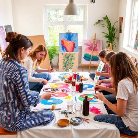 Community art workshop: people painting and creating together in a bright studio; circular crop friendly; photo